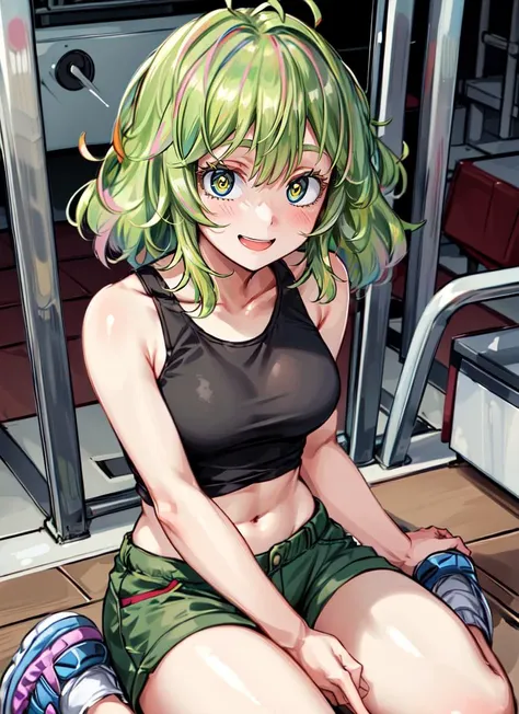 1girl,mature female,solo,backview, Perfect butt, small waist,green hair,medium hair,long bangs, water green eyes, shy expression,(chocker), Crop top, short sports shorts, pantie thread at the height of the abdomen, from the back in your room, interesting perspective, golden proportion, aurea proportion Blushed,flat tummy, sweat, and sweat, pet collar