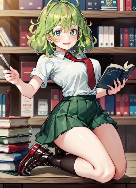 ((best quality)), ((highly detailed)), absurdres, detailed face, beautiful face, (detailed eyes, deep eyes), (1girl), dynamic pose, full body, <lora:TooruU1--Moka19:.8>, TooruU1, green hair, multicolored hair, medium hair, green eyes, medium breasts, smiling, white shirt, collared shirt, red necktie, short sleeves, green skirt, black socks, school uniform, (inside, at a library, librarian, book shelves, books)