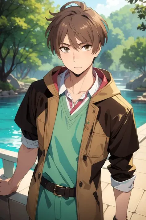 masterpiece, best quality, photorealistic, 1boy, solo, male focus, looking at viewer, , depth of field, <lora:haru_katou:0.74>, haru_katou, brown hair, brown eyes, mummy costume, Shambhala: A hidden paradise where enlightened beings live in perfect harmony,