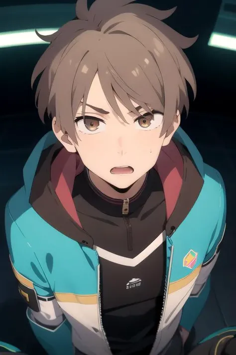 masterpiece, best quality, wallpaper, 1boy, solo, male focus, looking at viewer, , , <lora:haru_katou:0.68>, haru_katou, brown hair, brown eyes, , science fiction cyber-horror, 8k resolution