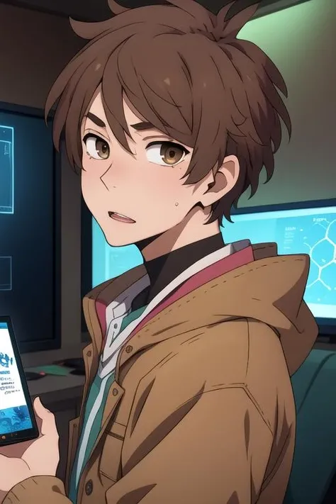 masterpiece, best quality, game cg, 1boy, solo, male focus, looking at viewer, , , <lora:haru_katou:0.74>, haru_katou, brown hair, brown eyes, , , new wave science fiction, HD-DVD