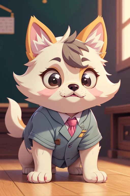 1 anime dog man, male, furry, kawaii, vintage anime style, soft pastel color, school uniform, soft color, grey, detailed, HD, 8k, handsome body