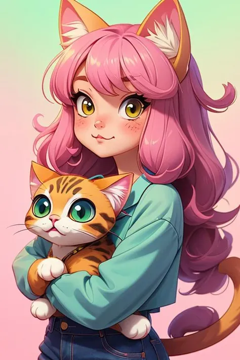 1 anime cat girl, cat face, animal cat, kawaii face, vintage anime style, pastel color