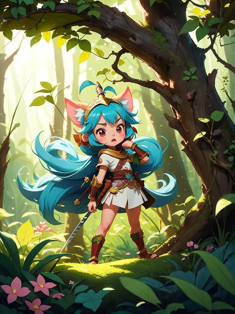 Whimsical forest scene featuring Niji, the cute warrior princess, on a quest to rescue her animal friends from an evil sorcerer in a lush, enchanted forest. Illustrated in a chibi anime style with pastel tones and soft, diffused lighting, emphasizing Niji's bravery and charm.