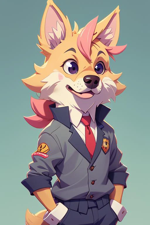 1 anime dog man, male, furry, kawaii, vintage anime style, soft pastel color, school uniform, soft color, grey, detailed, HD, 8k, handsome body