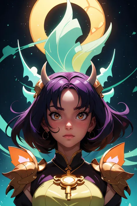 anime key visual, 1 girl , solo, symmetrical face, front view, looking at camera, demon, bioluminescent dress, beautiful, masterpiece, best quality , dreamy
