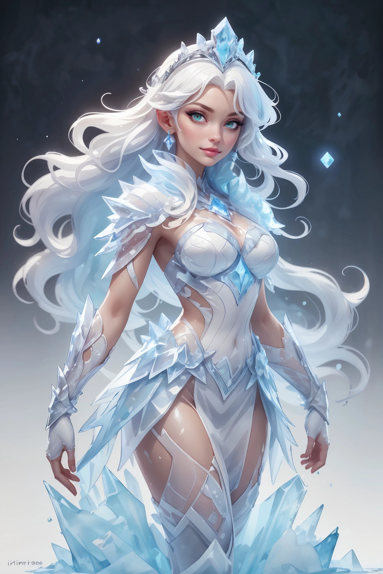 1 girl, solo, (watercolor texture), soft color, illustration anime, waved long hair, white armor, ice theme, tiara made of ice, white hair, ice palace, ic34rmor, simple black background, ice crystals, rainbow ice <lora:tools\epiNoiseoffset_v2> <lora:outfits\Clothing - Ice Armor:0.5>
