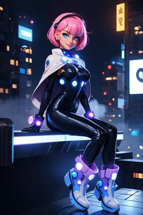 1girl, solo, big eyes, short hair, blunt bangs, pink hair, blue eyes, 
looking at viewer, smile, sitting on the edge of a roof,
futuristic head piece, head decoraction, bolero, cape, bodysuit,shiny, glossy,  (white glowing), gloves, boots, <lora:0411 gantz_v1:1>,
cityscape, cyber city, futuristic, neon signs, 
(masterpiece:1.2), (best quality:1.2), full body shot, highly details, extremely detailed, foreboding colors, night, 8k, HDR, volumetric fog,