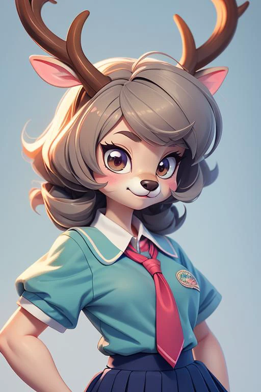 1 anime deer, furry, kawaii, vintage anime style, soft pastel color, school uniform, soft color, grey, detailed, HD, 8k, matured body