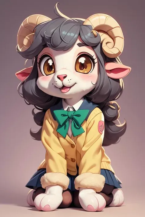 1 anime sheep, furry, kawaii, vintage anime style, soft pastel color, school uniform, soft color, grey, detailed, HD, 8k,  matured body