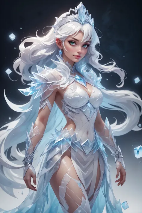 1 girl, solo, (watercolor texture), soft color, illustration anime, waved long hair, white armor, ice theme, tiara made of ice, white hair, ice palace, ic34rmor, simple black background, ice crystals, rainbow ice <lora:tools\epiNoiseoffset_v2> <lora:outfits\Clothing - Ice Armor:0.5>