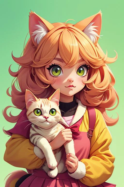 1 anime cat girl, cat face, animal cat, kawaii face, vintage anime style, pastel color