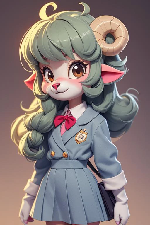 1 anime sheep, furry, kawaii, vintage anime style, soft pastel color, school uniform, soft color, grey, detailed, HD, 8k, matured body