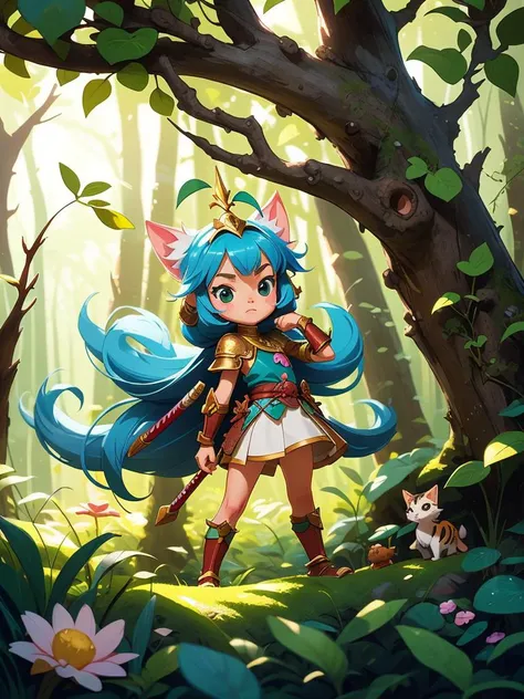 Whimsical forest scene featuring Niji, the cute warrior princess, on a quest to rescue her animal friends from an evil sorcerer in a lush, enchanted forest. Illustrated in a chibi anime style with pastel tones and soft, diffused lighting, emphasizing Niji's bravery and charm.