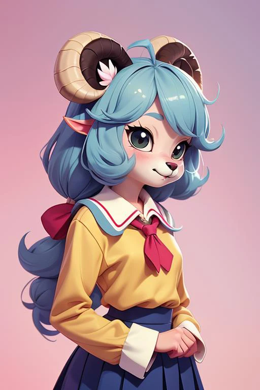 1 anime sheep, furry, kawaii, vintage anime style, soft pastel color, school uniform, soft color, grey, detailed, HD, 8k, matured body