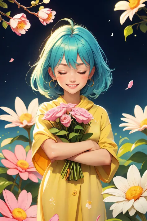 watercolor, pencil art, a anime girl, beautiful eye, holding a batch of flower, happy, closed eyes, smile, front view, open arms for hugging, looking at camera, over look, beautiful, masterpiece, best quality, ((Rimuu)), (Ryota)