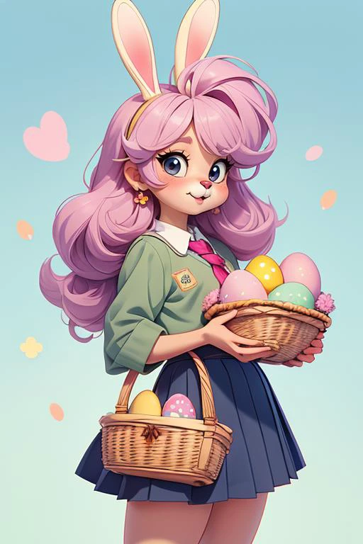 1 anime bunny, furry, kawaii, vintage anime style, soft pastel color, school uniform, soft color, grey, detailed, HD, 8k, holding a basket of easter egg, easter day