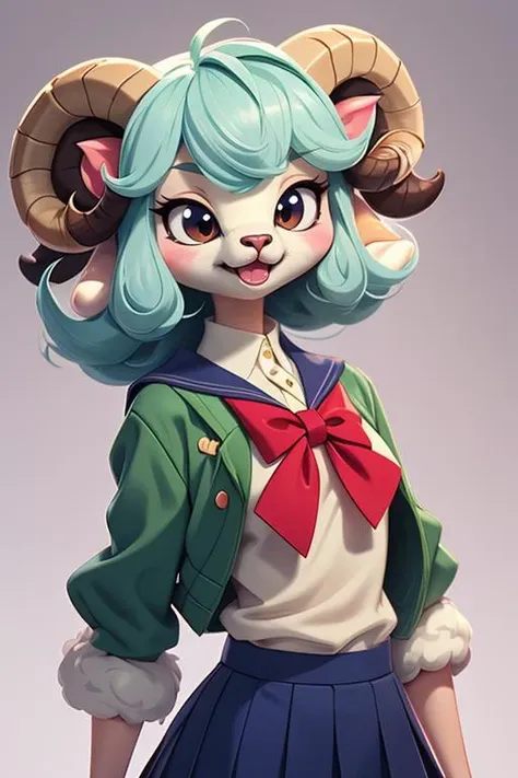 1 anime sheep, furry, kawaii, vintage anime style, soft pastel color, school uniform, soft color, grey, detailed, HD, 8k,  matured body