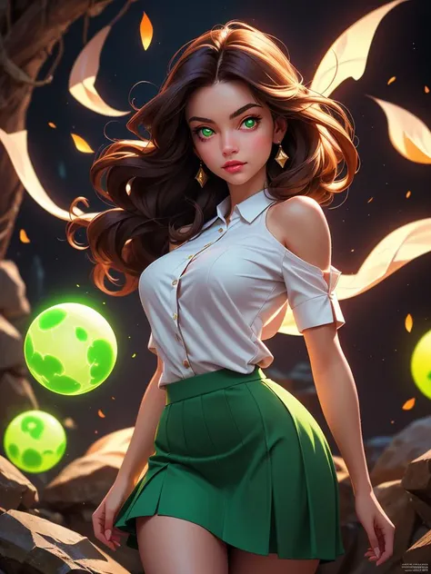 detailed background, (dungeon with spirits flying about), particles, (style-swirlmagic:0.9), floating particles, high quality fingers, normal hands, detailed fingers, glowing orb behind, masterpiece, (realistic, photo-realistic:1.37), (22 years old woman), medium breast, small waist, brown flowing hair glamour, (green glowing eyes), beautiful face, perfect illumination, beautiful detailed eyes, looking at viewer, stunningly beautiful woman, detailed hairstyle, ((wearing flowing skirt and over-sized shirt with shoulders showing)), (((body illumination:1.5))), ((full body shot, standing)),