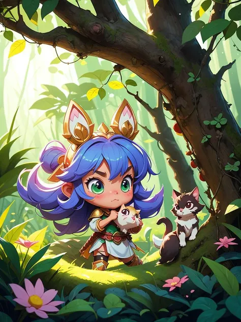 Whimsical forest scene featuring Niji, the cute warrior princess, on a quest to rescue her animal friends from an evil sorcerer in a lush, enchanted forest. Illustrated in a chibi anime style with pastel tones and soft, diffused lighting, emphasizing Niji's bravery and charm.