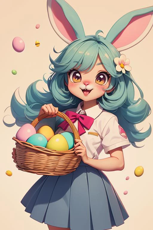 1 anime bunny, furry, kawaii, vintage anime style, soft pastel color, school uniform, soft color, grey, detailed, HD, 8k, holding a basket of easter egg, easter day