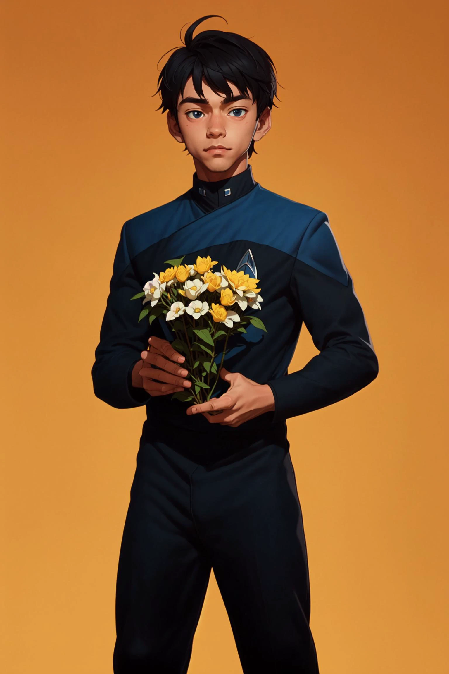 wearing (pcdst blue uniform,black pants,black long sleeves:1.2),<lora:STPicardUniforms:0.8> a anime boy, beautiful eye, holding a batch of flower, front view, looking at camera, over look, beautiful, masterpiece, best quality, by Kuroboshi