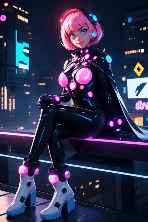 1girl, solo, big eyes, short hair, blunt bangs, pink hair, blue eyes,
looking at viewer, smile, sitting on the edge of a roof,
futuristic head piece, head decoraction, bolero, cape, bodysuit,shiny, glossy, (white glowing), gloves, boots, <lora:0411 gantz_v1:1>,
cityscape, cyber city, futuristic, neon signs,
(masterpiece:1.2), (best quality:1.2), full body shot, highly details, extremely detailed, foreboding colors, night, 8k, HDR, volumetric fog,