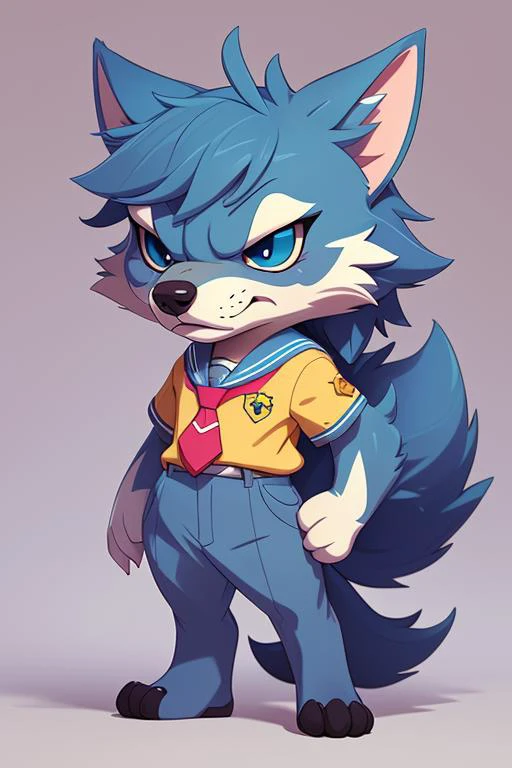 1 anime wolf, furry, kawaii, vintage anime style, soft pastel color, school uniform, soft color, grey, detailed, HD, 8k, matured body