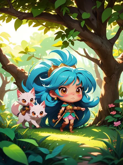 Whimsical forest scene featuring Niji, the cute warrior princess, on a quest to rescue her animal friends from an evil sorcerer in a lush, enchanted forest. Illustrated in a chibi anime style with pastel tones and soft, diffused lighting, emphasizing Niji's bravery and charm.