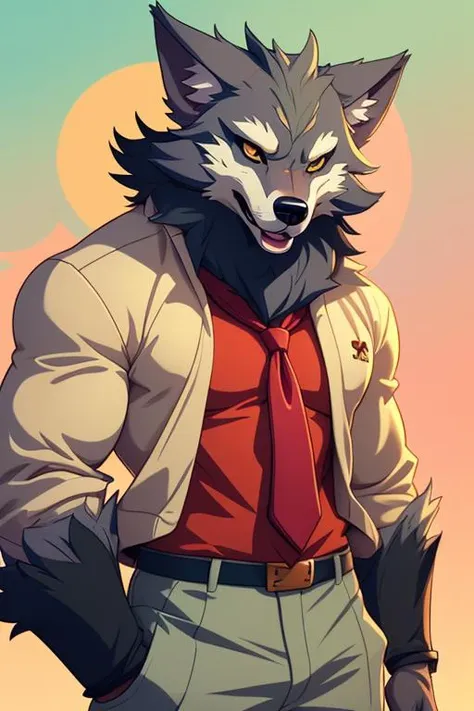 1 anime wolf man, male, furry, kawaii, vintage anime style, soft pastel color, school uniform, soft color, grey, detailed, HD, 8k, handsome body