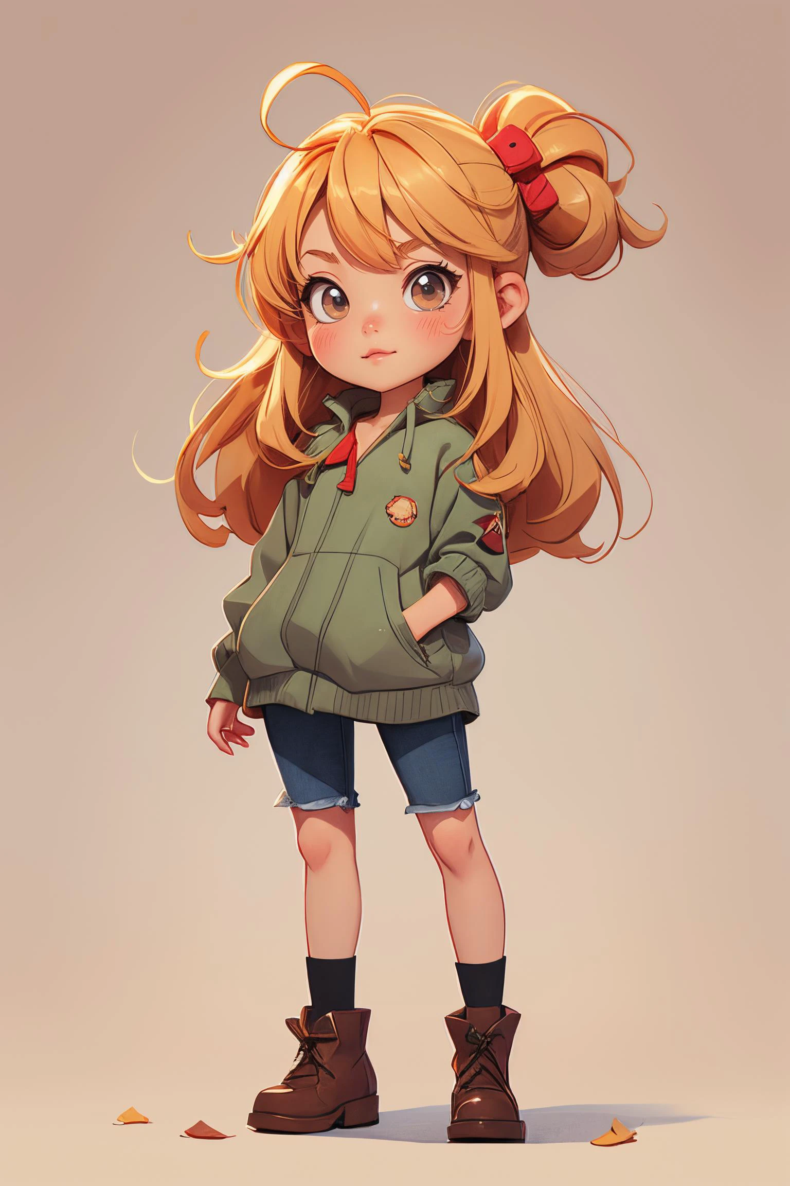 a chibi anime woman solo, (pencil texture), front view, grey soft color, illustration anime, summer