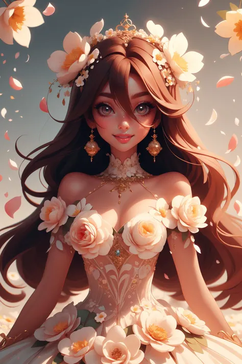 big eyes, spring field, 1girl, solo, very long hair, jewelry, hair ornament, head dress, hair between eyes, seductive smile, wearing a dress made of (flower petals:1), wearing edgPetal, <lora:edgPetalDress:1>