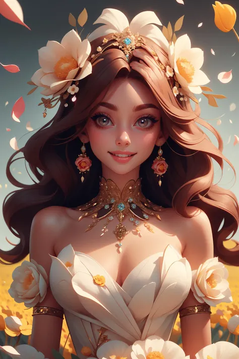big eyes, spring field, 1girl, solo, very long hair, jewelry, hair ornament, head dress, hair between eyes, seductive smile, wearing a dress made of (flower petals:1), wearing edgPetal, <lora:edgPetalDress:1>