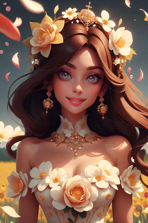 big eyes, spring field, 1girl, solo, very long hair, jewelry, hair ornament, head dress, hair between eyes, seductive smile, wearing a dress made of (flower petals:1), wearing edgPetal, <lora:edgPetalDress:1>