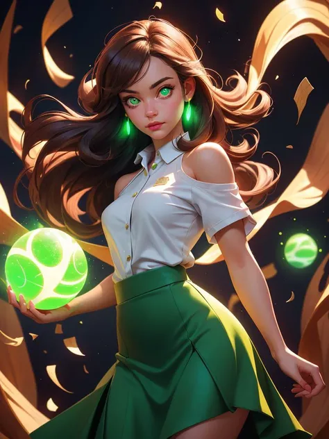 detailed background, (dungeon with spirits flying about), particles, (style-swirlmagic:0.9), floating particles, high quality fingers, normal hands, detailed fingers, glowing orb behind, masterpiece, (realistic, photo-realistic:1.37), (22 years old woman), medium breast, small waist, brown flowing hair glamour, (green glowing eyes), beautiful face, perfect illumination, beautiful detailed eyes, looking at viewer, stunningly beautiful woman, detailed hairstyle, ((wearing flowing skirt and over-sized shirt with shoulders showing)), (((body illumination:1.5))), ((full body shot, standing)),