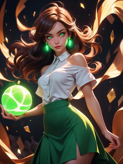 detailed background, (dungeon with spirits flying about), particles, (style-swirlmagic:0.9), floating particles, high quality fingers, normal hands, detailed fingers, glowing orb behind, masterpiece, (realistic, photo-realistic:1.37), (22 years old woman), medium breast, small waist, brown flowing hair glamour, (green glowing eyes), beautiful face, perfect illumination, beautiful detailed eyes, looking at viewer, stunningly beautiful woman, detailed hairstyle, ((wearing flowing skirt and over-sized shirt with shoulders showing)), (((body illumination:1.5))), ((full body shot, standing)),