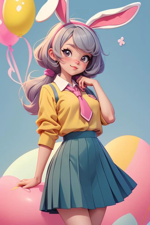 1 anime bunny, furry, kawaii, vintage anime style, soft pastel color, school uniform, soft color, grey, detailed, HD, 8k, easter egg, easter day