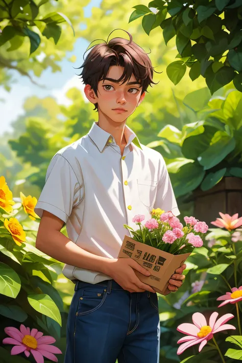 a anime 15 years old boy, beautiful eye, holding a batch of flower,  front view,  looking at camera,  over look,   beautiful,  masterpiece, best quality, by Kuroboshi