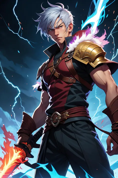 anime key visual, Gojo Satoru, male, lightning on eye, advanture fighter, holding a blue flaming sword, grey hair, (best quality), ((masterpiece quality)), HD, depth of filed, hyper detailed