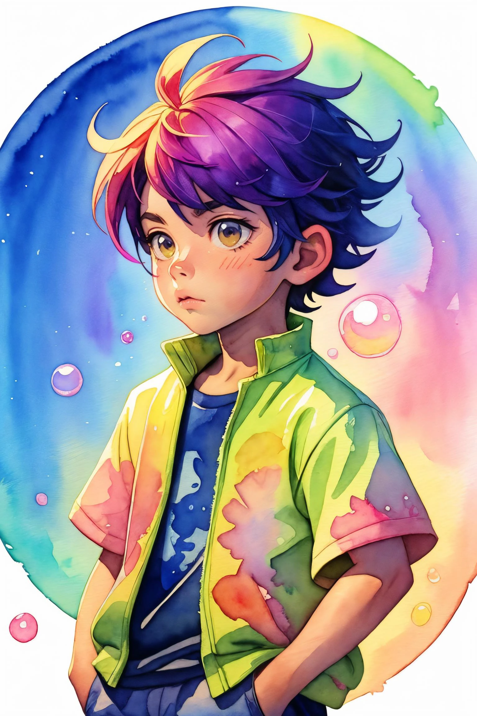 a boy solo, ((watercolor texture)), front view, rainbow colorful hair, soft color, illustration anime, bubbles