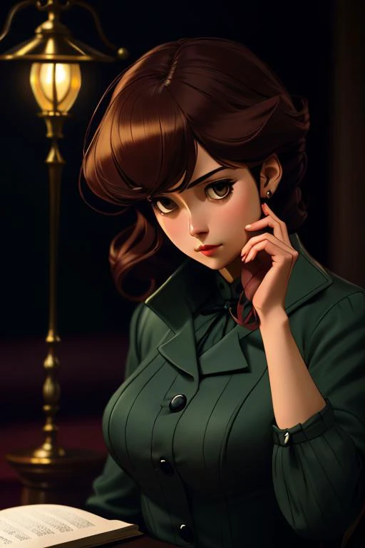 anime, Theme Mystery, Style Sherlock Holmes era, Character Mysterious lady detective, Scene Solving a case in a dimly lit study, Atmosphere Intriguing, secretive, Lighting Soft, with a single lamp illuminating her face, (detailed, highres, best-quality, masterpiece)1.2