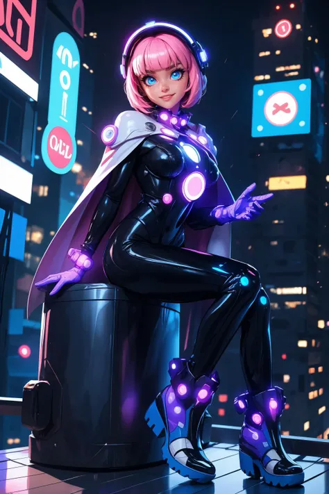1girl, solo, big eyes, short hair, blunt bangs, pink hair, blue eyes,
looking at viewer, smile, sitting on the edge of a roof,
futuristic head piece, head decoraction, bolero, cape, bodysuit,shiny, glossy, (white glowing), gloves, boots, <lora:0411 gantz_v1:1>,
cityscape, cyber city, futuristic, neon signs,
(masterpiece:1.2), (best quality:1.2), full body shot, highly details, extremely detailed, foreboding colors, night, 8k, HDR, volumetric fog,