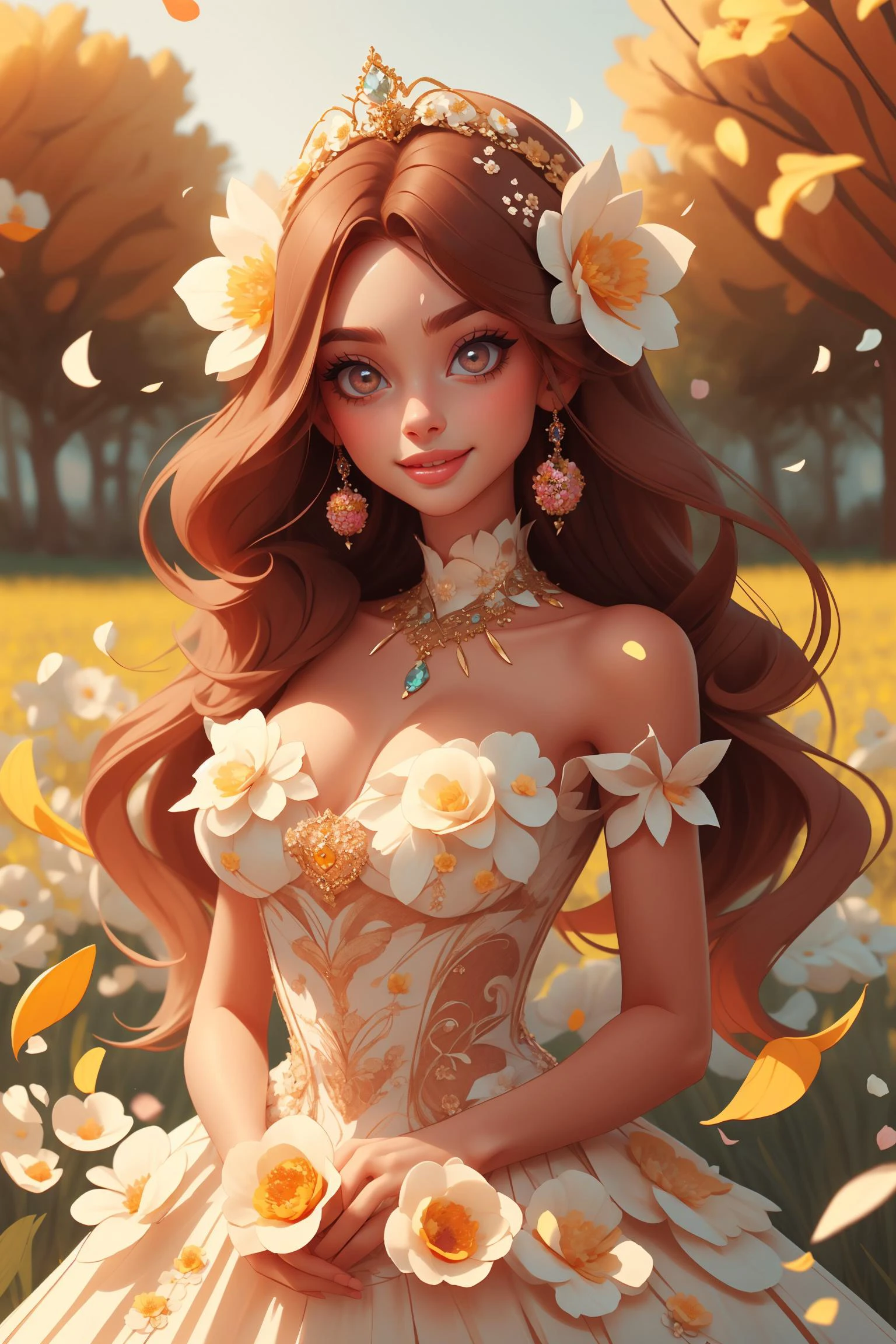 big eyes, spring field, 1girl, solo, very long hair, jewelry, hair ornament, head dress, hair between eyes, seductive smile, wearing a dress made of (flower petals:1), wearing edgPetal, <lora:edgPetalDress:1>
