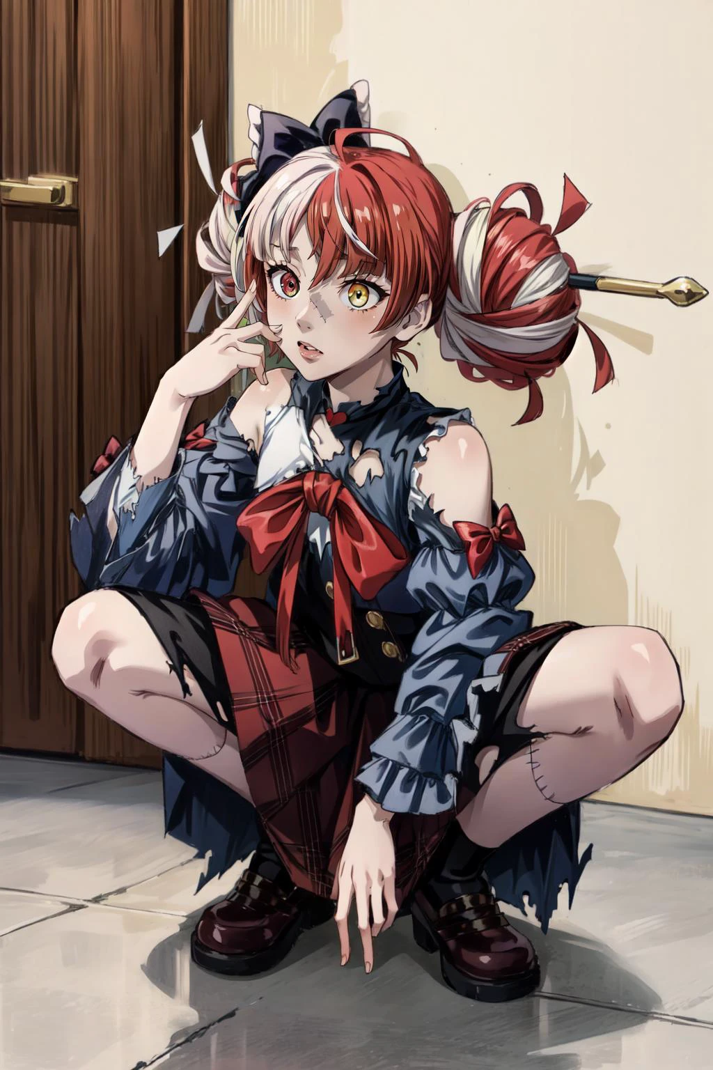 (masterpiece, best quality), intricate details,
1girl,
<lora:add_detail:0.8> <lora:jk_v3:0.8> squatting, <lora:ollie:0.8> zombie, patchwork skin, heterochromia, red eyes, yellow eyes, kureiji ollie, double bun, torn dress, red bow, hair bow,