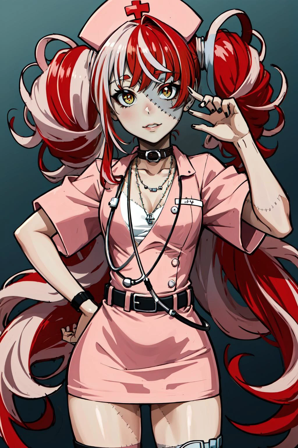 (masterpiece, best quality), intricate details,
<lyco:GoodHands-beta2:0.8>
1girl,
<lora:Nurse:0.8> nurse outfit, <lora:Ollie:0.8> Ollie, multicolored hair, multicolored eyes, zombie_skin, twintails, kureiji ollie, nurse hat, stethoscope,