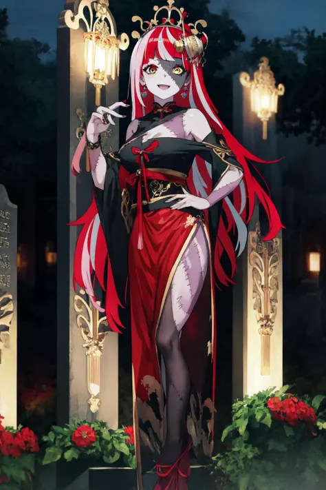 best quality, 4K wallpaper, masterpiece, extremely detailed CG unity 8k wallpaper, extremely detailed eyes, ultra-detailed, 1girl, solo, medium breasts, Ollie, zombie_skin, multicolored hair, multicolored eyes, long hair, traditional dress, crown, earrings, hair ornaments, outdoors, night, graveyard, looking at viewer, smile, standing, crossed legs,  <lora:Ollie:1>