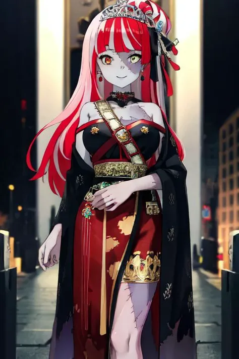 best quality, 4K wallpaper, masterpiece, extremely detailed CG unity 8k wallpaper, extremely detailed eyes, ultra-detailed, 1girl, solo, medium breasts, Ollie, zombie_skin, multicolored hair, multicolored eyes, long hair, traditional dress, crown, earrings, hair ornaments, outdoors, night, graveyard, looking at viewer, smile, standing, crossed legs, <lora:Ollie:1>