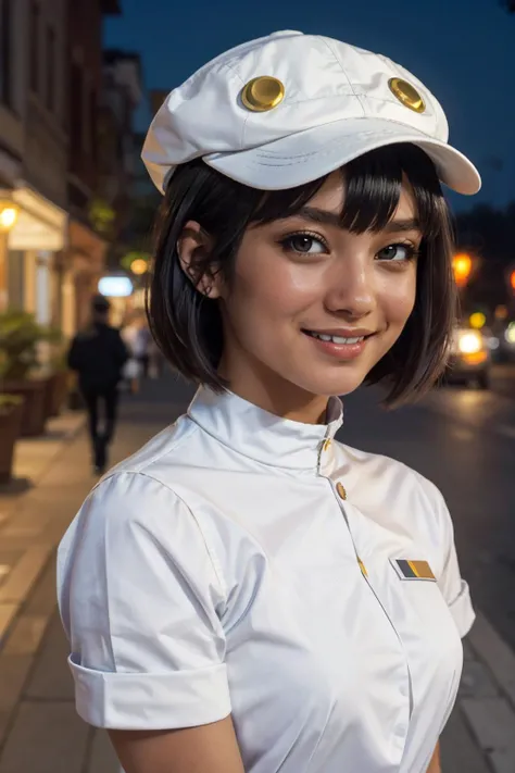 Aether_Foundation_Employee_Pokemon, dark skin, white cabbie hat, black hair, white uniform, looking at viewer, smiling, close up, outside, cityscape, night time, bokeh, high quality, masterpiece, <lora:Aether_Foundation_Employee_Pokemon:.7>