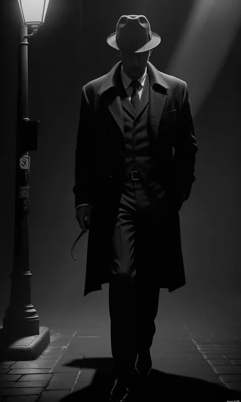 filmnoir1944, 1man, photorealistic, best quality, masterpiece, depth of field, uhd, 8k, detailed eyes, cinematic lighting, 1940s style, detective, fedora, smoking, god rays, street lamp, dark city, darkness, single light source, full body, wide angle shot, dark mood, filmgrain