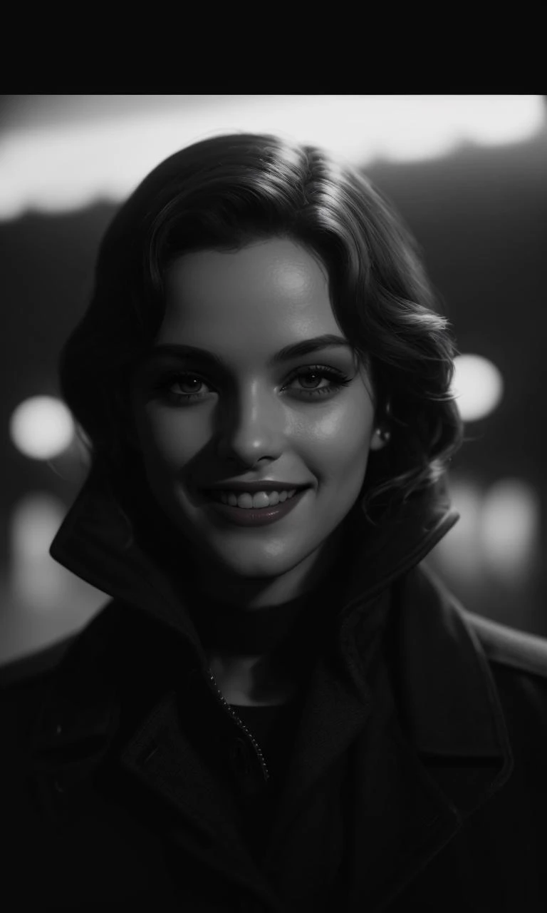 filmnoir1944, 1girl, photorealistic, best quality, masterpiece, depth of field, smile, uhd, 8k, detailed eyes, cinematic lighting,